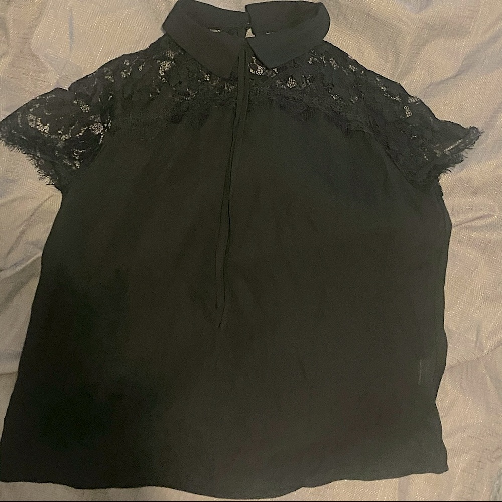 Black lace plus size blouse with Peter Pan collar